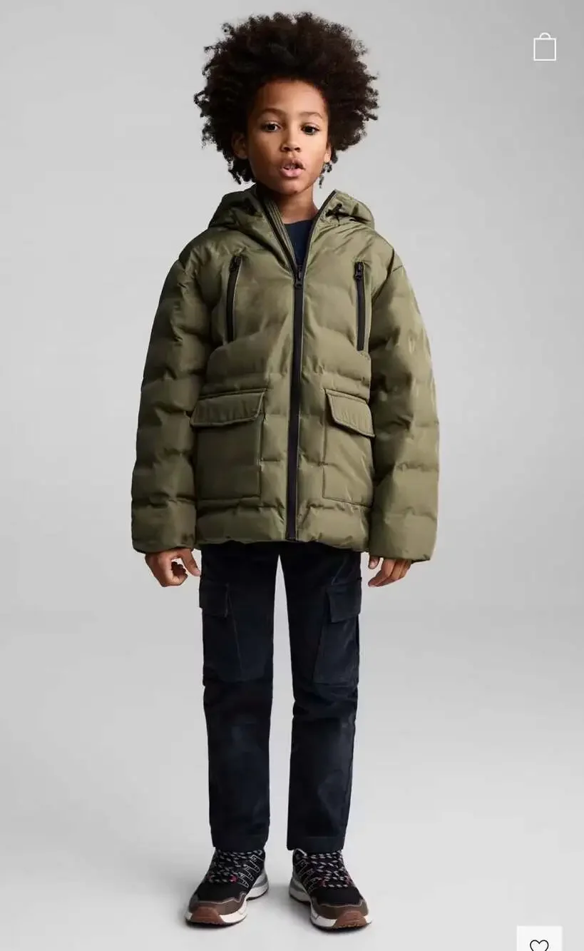Mango Boys Pocket Quilted Hooded Puffer Jacket in Khaki Green